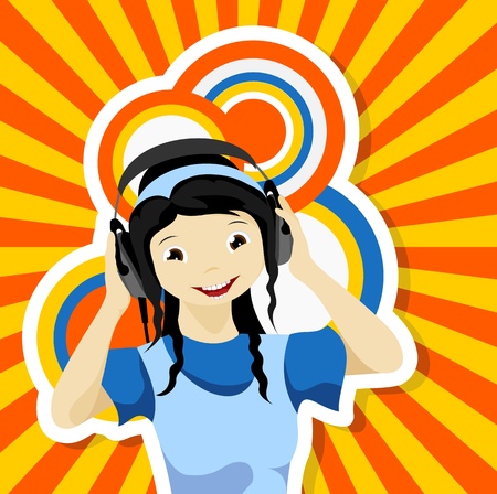 asian girl with headphones listening to music - vector illustrationのイラスト素材