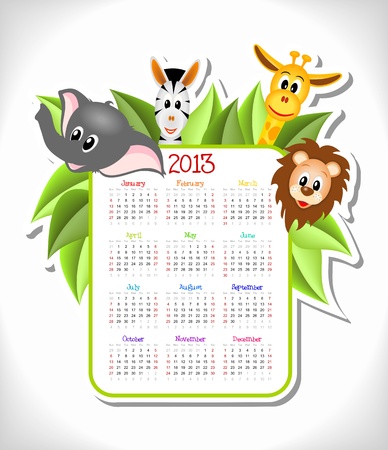 cartoon zebra, elephant, giraffe and lion with calendar 2013 のイラスト素材