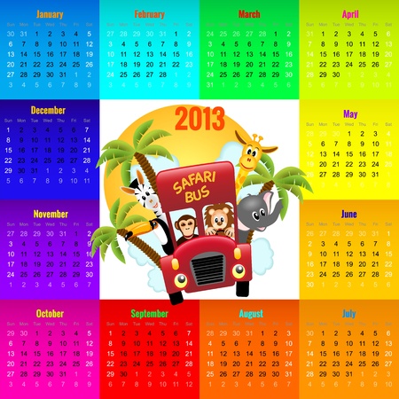 colorful calendar 2013 with animals riding red bus, kidのイラスト素材