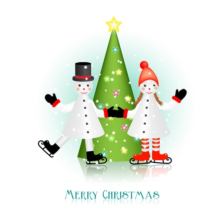 Christmas greeting card with two snowman figurines with  Christmas treeのイラスト素材