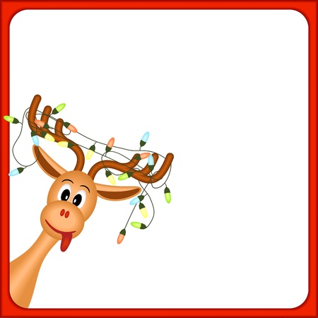 christmas reindeer with electric lights in antlers, on white background, in red frame, vector illustrationのイラスト素材