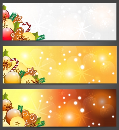 christmas banners with aplles, decorations and gingerbread , illustration, contains gradients and transparencyのイラスト素材