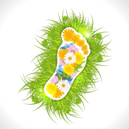 Footprint from flowers in green grass,  illustration, with transparency のイラスト素材