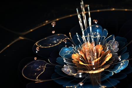 blue - orange flower with droplets of water and golden details on black background, illustrationの写真素材