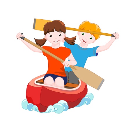 girl and boy go down the river on a canoe, isolated on white background, vector illustrationのイラスト素材
