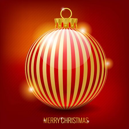 red christmas ball with golden stripes, on red backgroundのイラスト素材