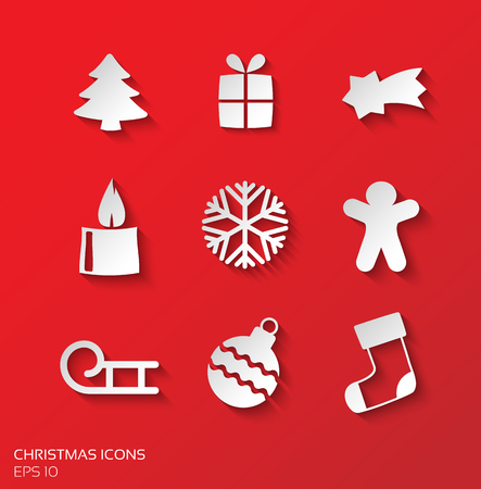 Christmas simple abstract icons, white on red background, vector illustrationのイラスト素材