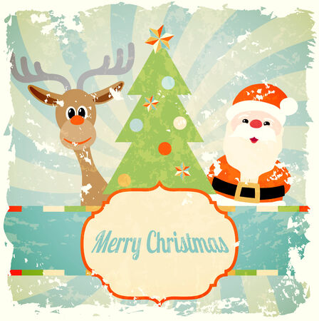 vintage christmas theme with santa, reindeer and christmas tree, vector illustrationのイラスト素材