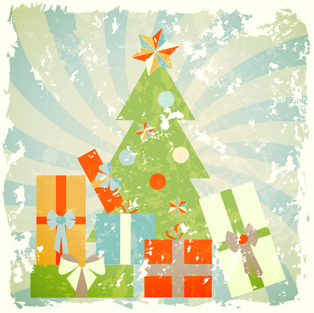 christmas tree with gifts, illustration in retro style, vector illustration, eps 10 with transparencyのイラスト素材