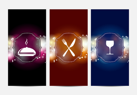 three abstract banners with restaurant theme, bokeh background, vector illustration, eps 10 with transparencyのイラスト素材