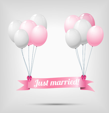 ribbon with text just married, hanging on white a nd pink balloons, vector illustration, eps 10, with transparency and gradient meshのイラスト素材