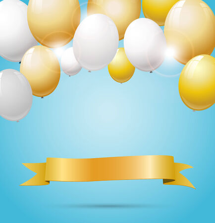 Golden banner with golden and white balloons on blue background, vector illustration, with transparency, eps 10のイラスト素材