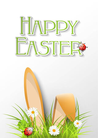 Easter greeting card with fresh grass, ears of bunny and a ladybug - vector illustration, eps 10, with transparencyのイラスト素材