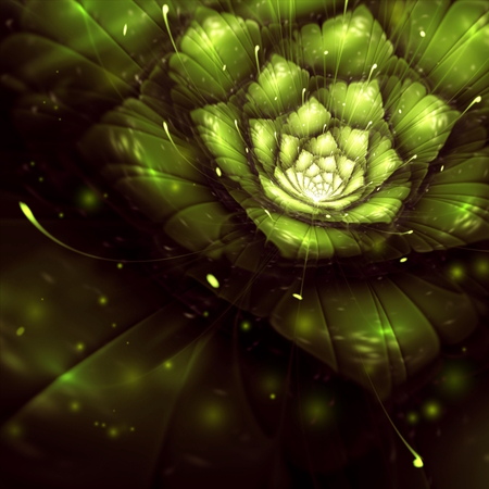 green abstract flower with sun rays, fractal, digital art, bitmap illustrationの写真素材