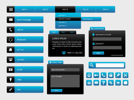 modern black and blue web ui elements, forms, buttons and iconsのイラスト素材