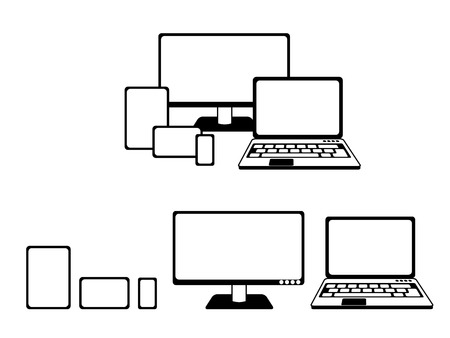 simple black and white scheme of responsive devices, isolated on white background, vector illustration, eps 10 with transparency and gradient meshのイラスト素材