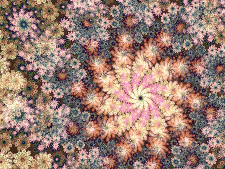 abstract fractal floral background, orange blue, on dark background, computer generated illustrationの写真素材