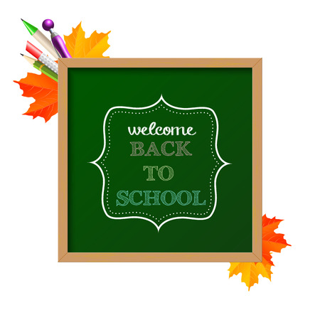 Chalkboard sign with text  back to school , with autumn leaves and ballpoints in background のイラスト素材
