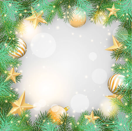 Christmas background with yellow ornaments and branches    のイラスト素材