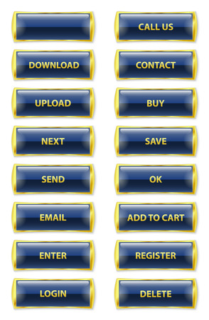 collection of blue and golden rectangle glossy internet buttons with text on white background, vector illustration     のイラスト素材