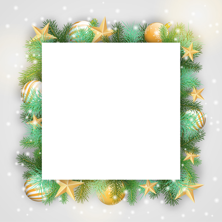 Christmas background with branches and golden ornamentsのイラスト素材