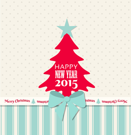 Christmas greeting card with red tree and blue ribbon on dotted and striped background, vector illustration, eps 10 with transparencyのイラスト素材