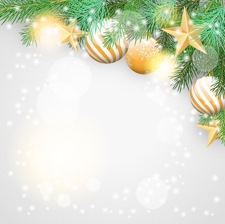 Christmas background with branches and golden ornaments, vector illustration, eps 10, with transparency  and gradient meshのイラスト素材