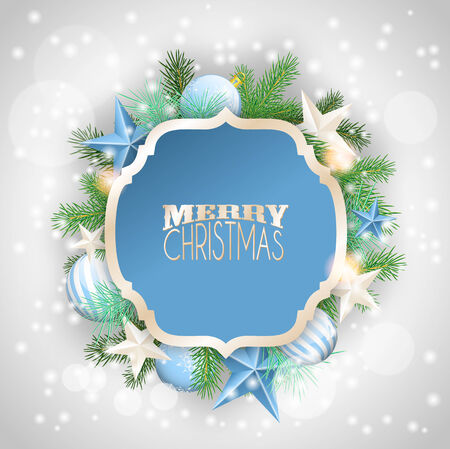 Blue christmas background with blue ornaments and branchesのイラスト素材