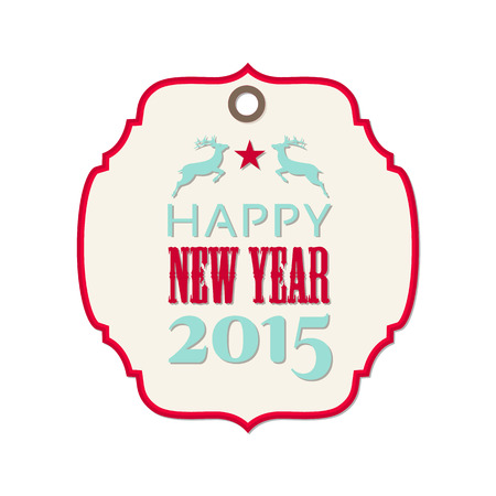 beige label with reindeer, star and text \\\"Happy new year 2015\\\", isolated on white background, vector illustration, eps 10のイラスト素材