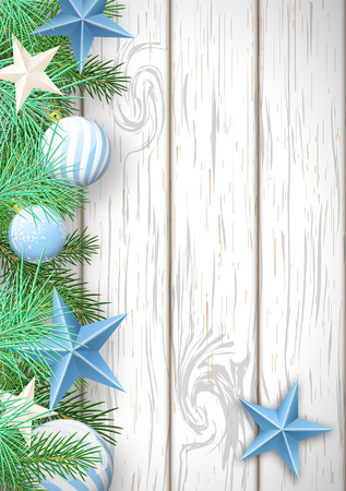 Christmas wooden background with green branches and blue baubles and stars, vector illustration.のイラスト素材