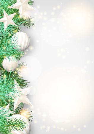 Christmas background with green branches and white baubles and stars, vector illustrationのイラスト素材