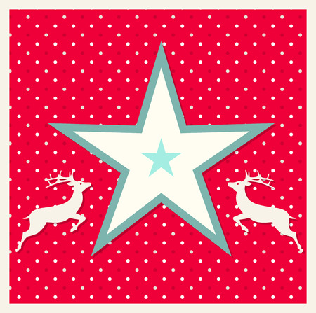 christmas card with reindeer and white star on red polka dot backgroundのイラスト素材