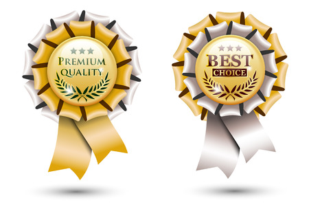 two golden ribbon rosettes, isolated on white backgroundのイラスト素材