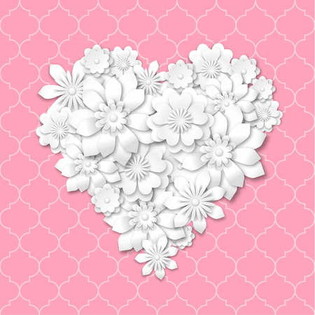 heart shape composed from white flowers with 3d effect on pink background, vector illustration, with transparencyのイラスト素材