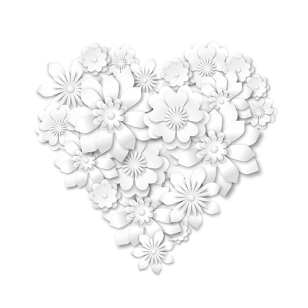 Composed heart shape from white flowers with 3D effect on white background vector illustration eps 10 with transparencyのイラスト素材