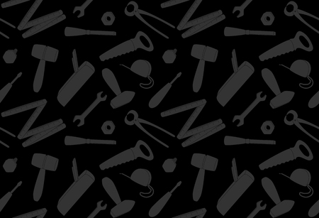 gray cartoon tools on dark background, seamless texture, vector illustrationのイラスト素材