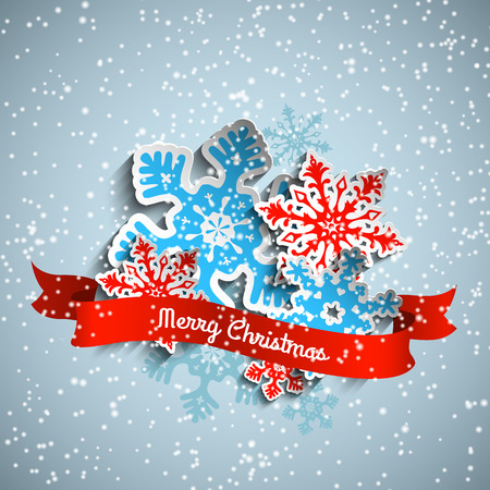 Colorful stylized snowflakes and ribbon with text Merry Christmas on gray background, vector illustration, eps 10 with transparencyのイラスト素材