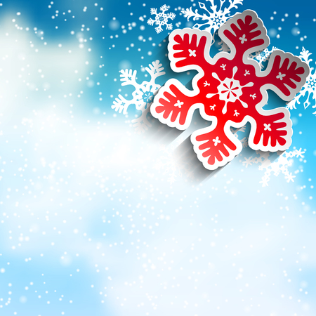 Abstract  blue and red snowflakes on blue sky with clouds, with 3D effect, winter concept, vector illustration, eps 10 with transparencyのイラスト素材