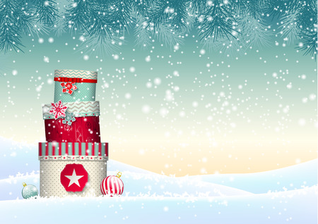 Christmas background with stack of colorful giftboxes in snowy landscape, vector illustration, eps 10 with transparency and gradient meshesのイラスト素材