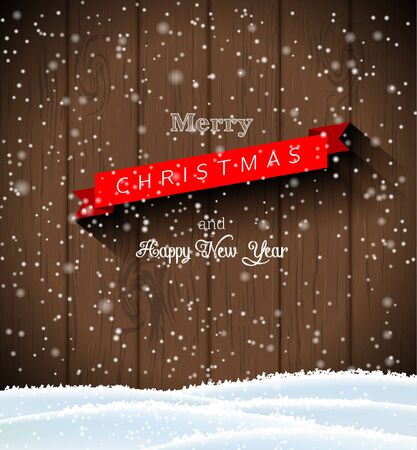 text merry christmas and happy new year on dark brown wooden wall, with snow and snowflakes, vector illustration, eps 10 with transparency and gradient meshesのイラスト素材