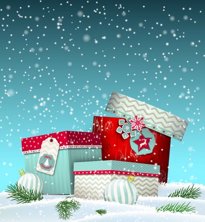 Christmas greeting card with colorful giftboxes lying in snowy landscape, winter theme, vector illustration, eps 10 with transparency and gradinet meshのイラスト素材