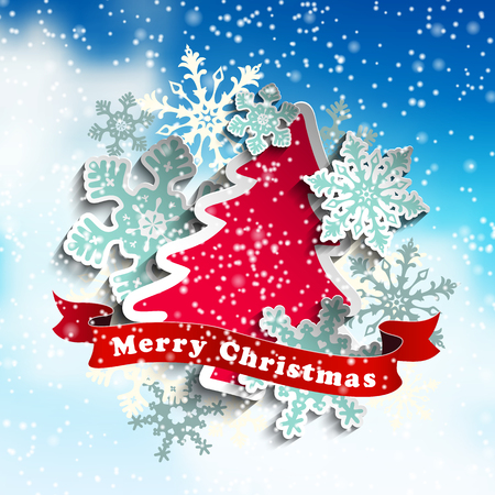 christmas theme, abstract tree and snowflakes onbackground with sky motive, vector illustration, eps 10 with transparency and gradient meshesのイラスト素材