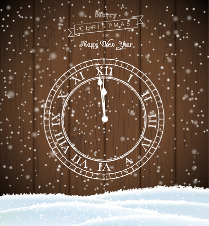 New year greeting card, white clock drawn on dark brown wooden background, vector illustration, eps 10 with transparency and gradient meshesのイラスト素材