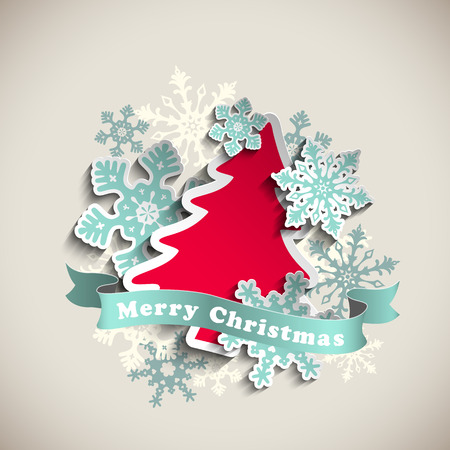 christmas theme, red abstract tree and blue snowflakes on beige background, vector illustration, eps 10 with transparency and gradient meshesのイラスト素材