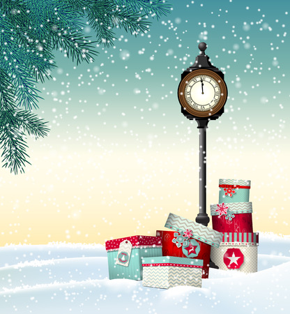 Christmas and new year greeting card, gift boxes with vintage clock in winter landscape, vector illustration, eps 10 with transparency and gradient meshesのイラスト素材