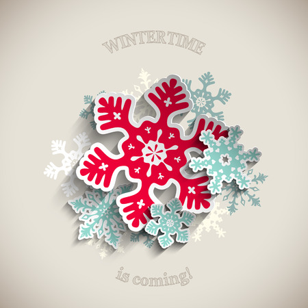 Colorful stylized snowflakes and ribbon with text Merry Christmas on beige background, vector illustration, eps 10 with transparencyのイラスト素材