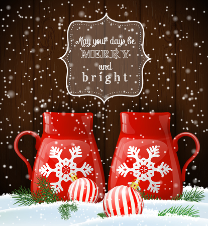 Two red cups with white decorative snowflake on dark wooden background, with two balls and green needle branches, christmas greeting card, vector illustration, eps 10 with transparency and gradient meshesのイラスト素材