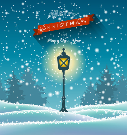 Shining vintage lamp in winter forrest, night scene, chritmas theme, vector illustration, eps 10 with transparency and gradient meshesのイラスト素材