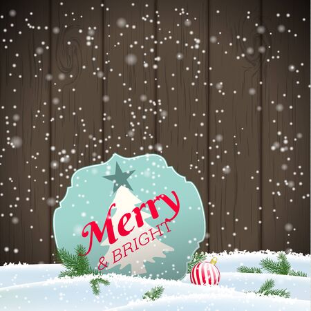 Christmas greeting card, sign with text Merry and bright in snow, with dark brown wooden background, vector illustration, eps 10 with transparency and gradient meshのイラスト素材