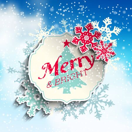 Sticker with text Merry and bright with abstract snowflakes, on background with blurred clouds and snow, vector illustration, eps 10 with transparency and gradient meshesのイラスト素材